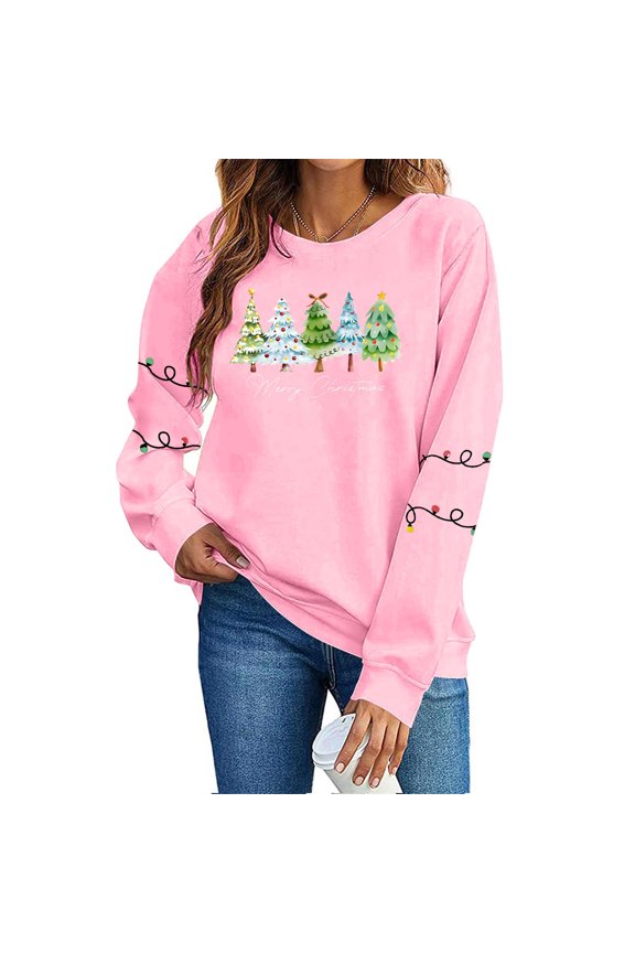 Womens Round Neck Christmas Printed Long Sleeve Pullover Sweatshirt Casual Holiday Seasonal Top Soft Polyester Comfortable Wear