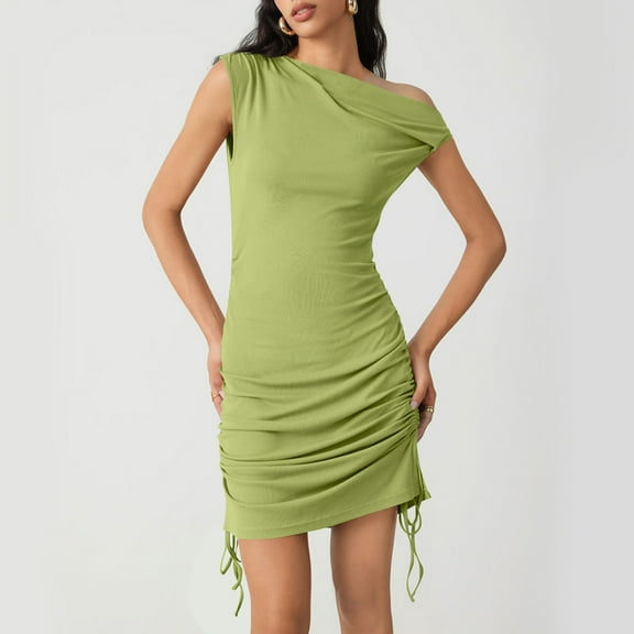 Taylonsss Womens Round Neck Short Sleeve Drawstring Ruffle Fitted Mini Dress Sleeveless Asymmetric Shoulder Modern Fashion Party Dress