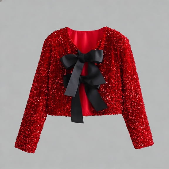 Taylonsss Womens Sequin Open-Front Crop Cardigan with Long Sleeves and Oversized Bow Back Detail for Party Nights and Special Occasion Wear