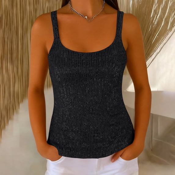 Taylonsss Womens Sequin Round Neck Tank Top Casual Fashion Spaghetti Strap Summer Blouse Daily Wear Party Vacation