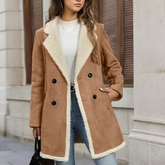 Taylonsss Womens Sherpas Lined Faux Suedes Long Jacket Coats Notch Lapel Double Breasted Fleece Fur Leather Winter Warm