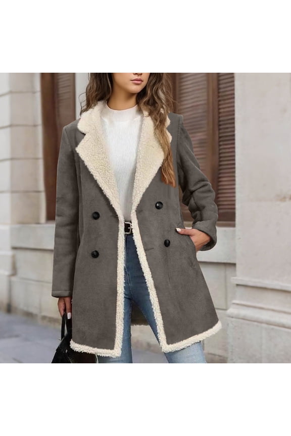 Womens Sherpas Lined Faux Suedes Long Jacket Coats Notch Lapel Double Breasted Fleece Fur Leather Winter Warm