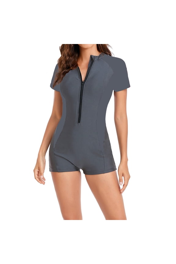 Womens Short Sleeve Swimsuit Front Zipper Built in Bra Support Sporty Surfing Swimming Sun Protection Water Sports Beachwear