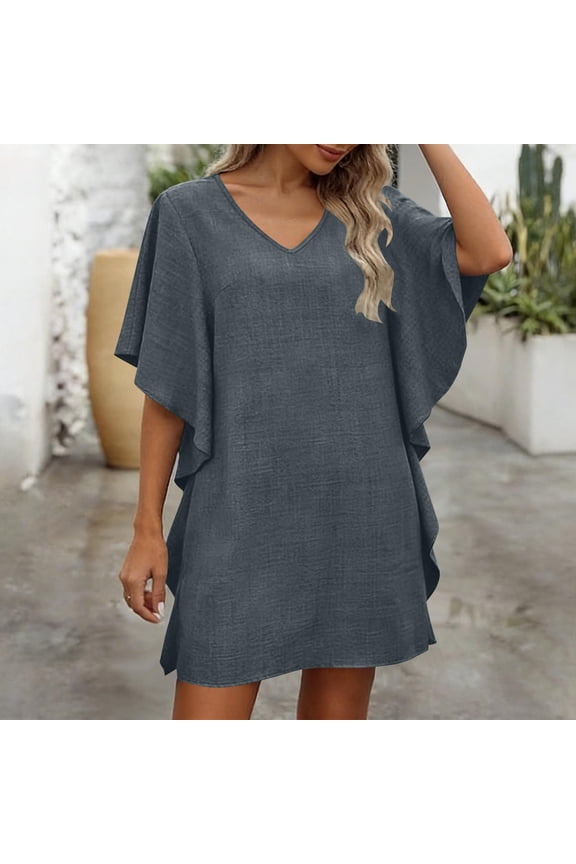 Womens Short Sleeve V Neck Dress Casual Summer Batwing Sleeve Flowy Loose Fit Shift Dress for All Occasion Daily Wear Brunch