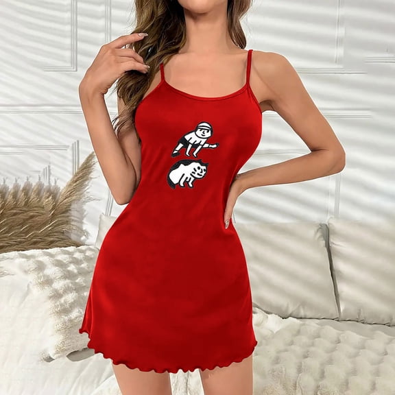 Taylonsss Womens Size Short Nightdress Round Neck Spaghetti Strap Sleepwear with Front Print
