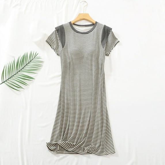 Taylonsss Womens Sleep Dress Short Sleeve with Built-in Bra Striped Comfortable Loose Fit Long Nightwear for Home Casual