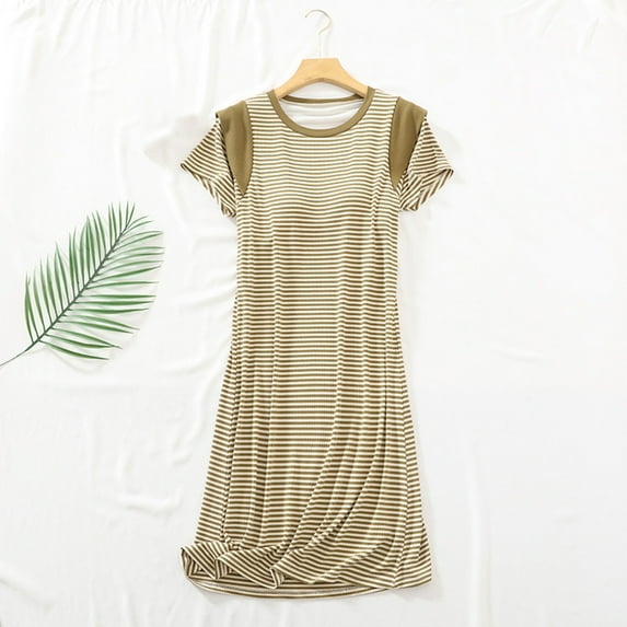 Taylonsss Womens Sleep Dress Short Sleeve with Built-in Bra Striped Comfortable Loose Fit Long Nightwear for Home Casual