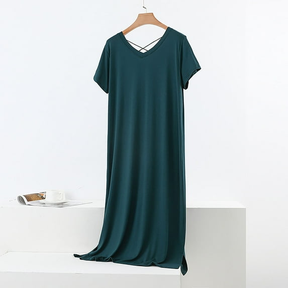 Taylonsss Womens Sleep Dress Solid Color V Neck Short Sleeve Modal Fabric Comfortable Loose Fit Long Nightdress for Homewear Lounge