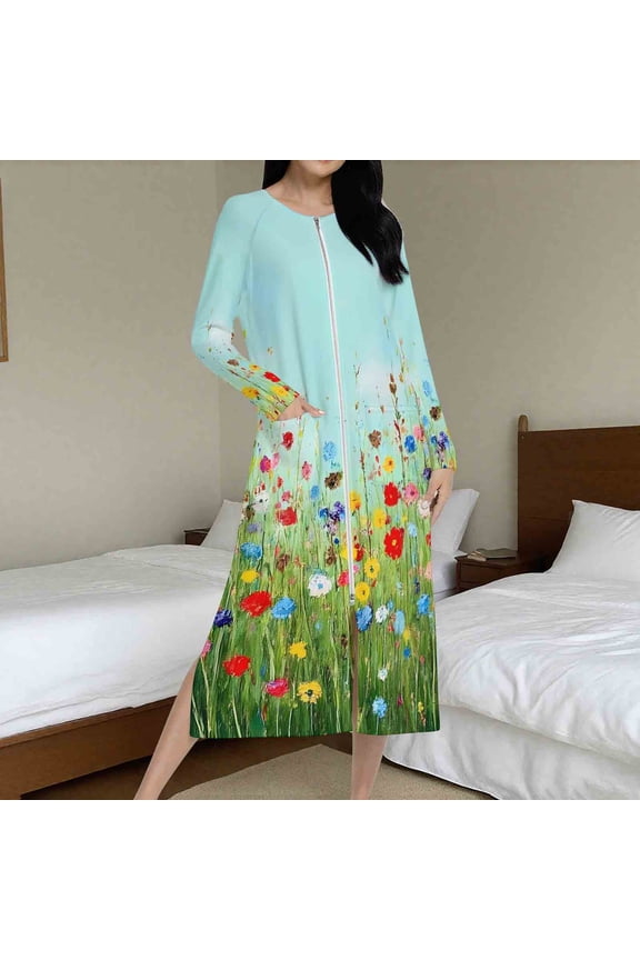 Womens Sleepwear Floral Print Raglan Sleeve Long Loose Fit Nightgown Home Comfort Lounge Dress