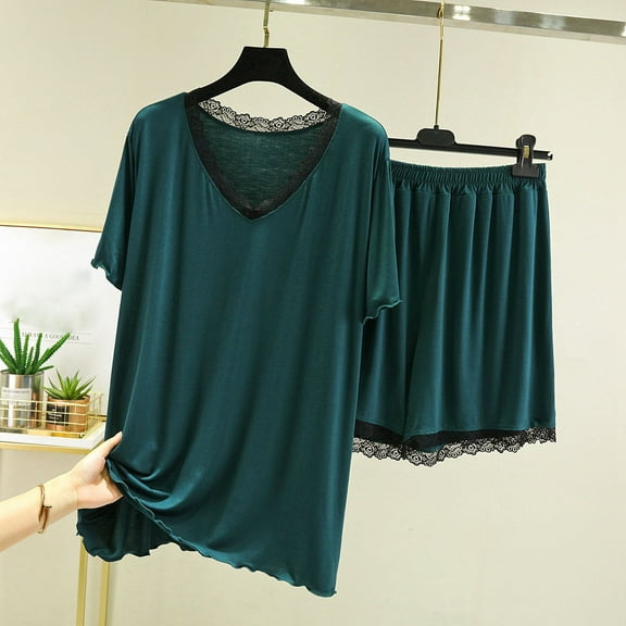 Taylonsss Womens Sleepwear Set V Neck Split Sleeve T-Shirt Relaxed Wide-Leg Shorts Loungewear Two-Piece Pajama Outfit