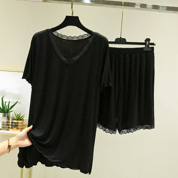 Taylonsss Womens Sleepwear Set V Neck Split Sleeve T-Shirt Relaxed Wide-Leg Shorts Loungewear Two-Piece Pajama Outfit