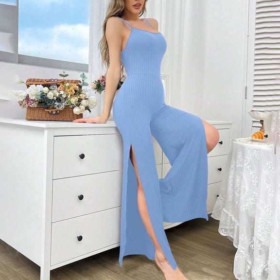 Taylonsss Womens Sleeveless Jumpsuit Pajamas Round Neck Tank Top Long Pants Solid Color Comfortable Sleepwear