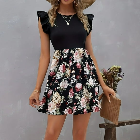 Taylonsss Womens Sleeveless Round Neck Contrast Panel Floral Print Casual Dress for Everyday Wear