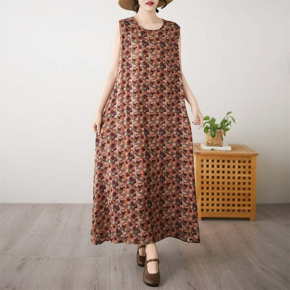 Taylonsss Womens Sleeveless Round Neck Cotton Print Casual Loose Fit Dress Relaxed Everyday Style