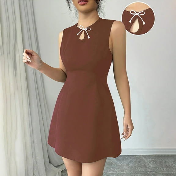 Taylonsss Womens Sleeveless Slim Fit Round Neck Bow Detail Dress Stylish Casual Everyday Wear