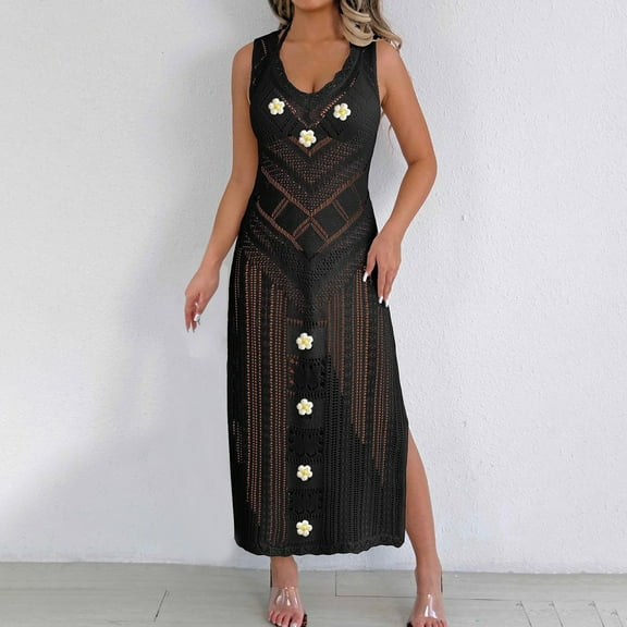 Taylonsss Womens Sleeveless V Neck Vest Dress Delicate Lace Woven Fabric with Crochet Floral Applique Beach Vacation Casual Boho Style