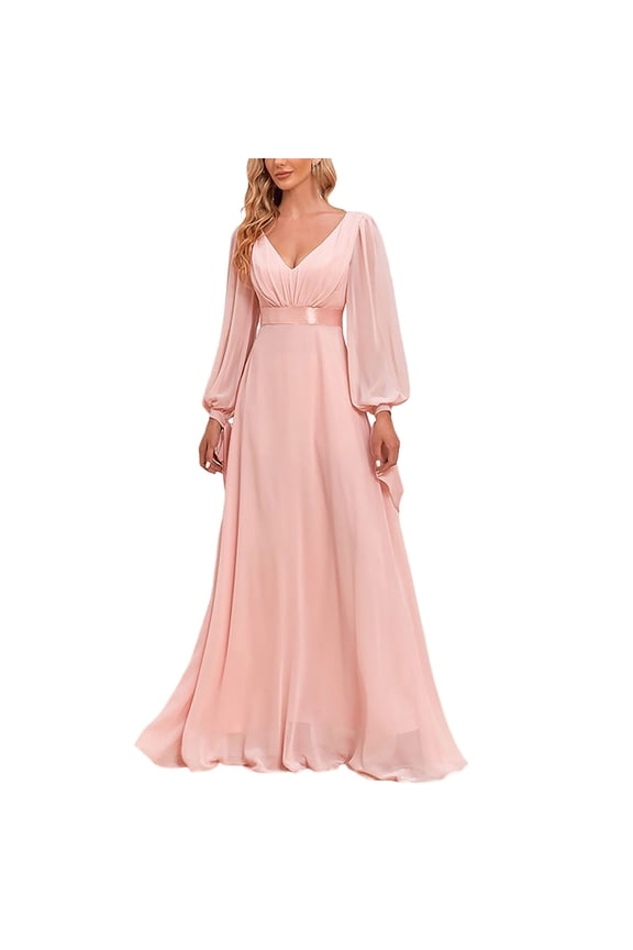 Womens Solid Color Dress Tie Long Sleeve Double V Neck Panelled Elastic Waist A-Line Formal Evening Gown
