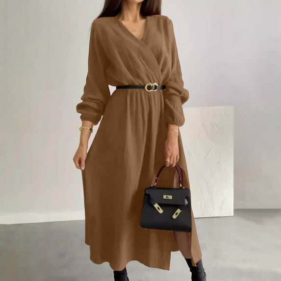 Taylonsss Womens Solid Color Dress V Neck Long Sleeve Belted Waist Casual Everyday Style with Belt
