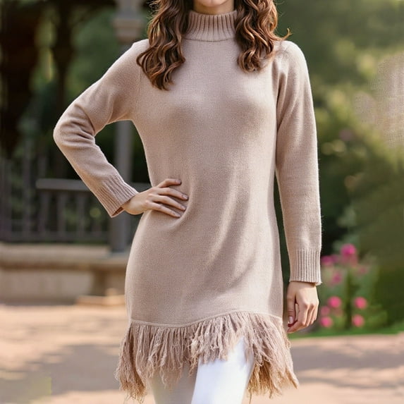 Taylonsss Womens Solid Color High Neck Long Sleeve Sweater Dress Casual Comfortable Everyday Outfit