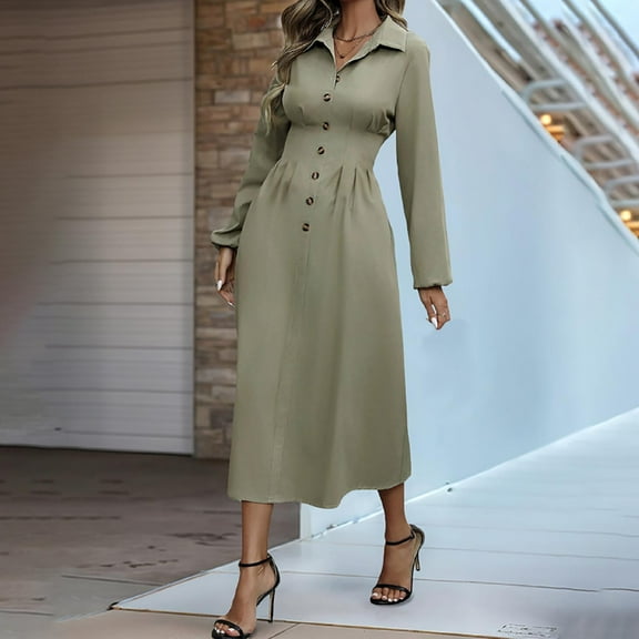 Taylonsss Womens Solid Color Shirt Dress Versatile Waist-Cinching Long Sleeve Lapel Collar Button Front Casual Office Outfit