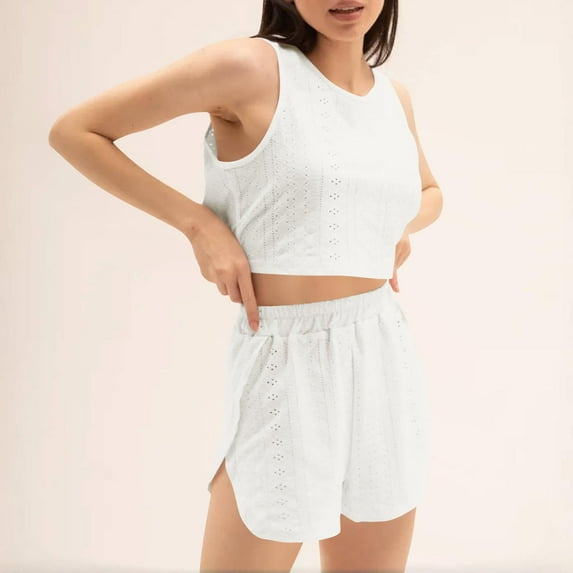 Taylonsss Womens Solid Color Stretchy Round Neck Premium Embellished Tank Top and Shorts Pajama Set Comfortable Loungewear