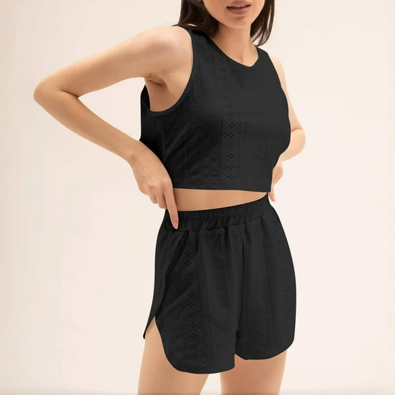 Taylonsss Womens Solid Color Stretchy Round Neck Premium Embellished Tank Top and Shorts Pajama Set Comfortable Loungewear
