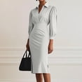 thumbnail image 1 of Taylonsss Womens Dress Long Sleeve Lapel Collar Slim Fit Solid Color Pleated Waist-Defining Knee-Length Casual Office Outfit, 1 of 6