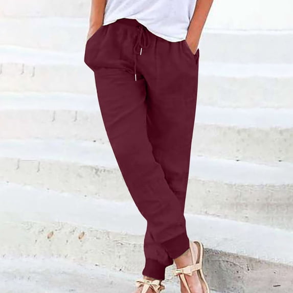 Taylonsss Womens Solid Color Tapered Pants Cotton Linen Drawstring Elastic Waist Pants Casual Trousers With Pocket