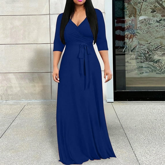 Taylonsss Womens Solid Color V Neck Short Sleeve Waist-Cinching Midi Dress Casual Everyday