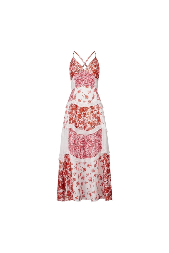 Womens Spring Summer Dress Halter Neck Sleeveless Strappy Floral Print Lace Trim Boho Beach Vacation Dress