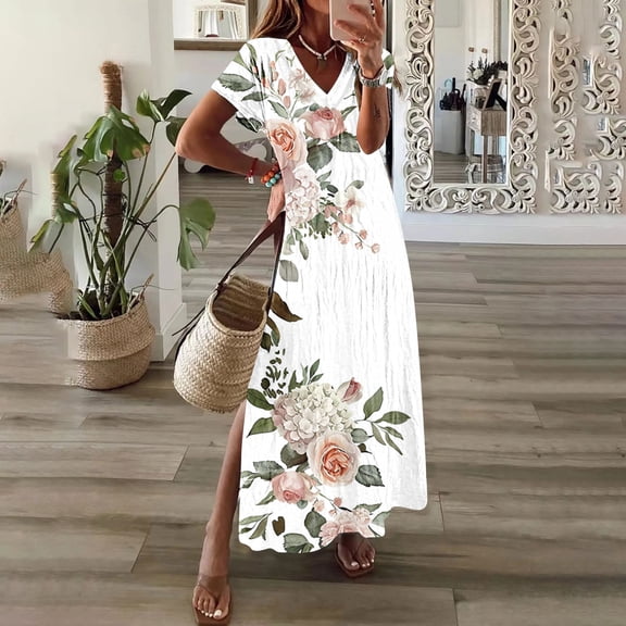 Taylonsss Womens Spring Summer V Neck Solid Color Slit Hem Casual Long Maxi Dress Beach Resort Outfit