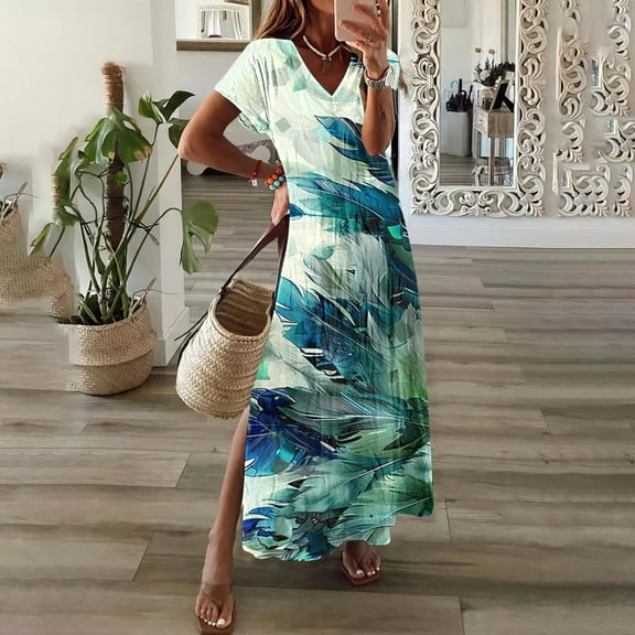 Taylonsss Womens Spring Summer V Neck Solid Color Slit Hem Casual Long Maxi Dress Beach Resort Outfit