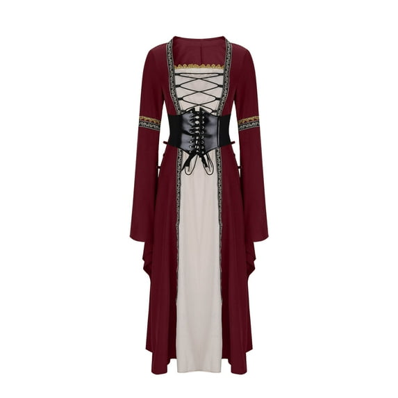 Taylonsss Womens Square Neck Long Sleeve Dress Flare Sleeve Lace-up Detail Gothic Vintage Corset Maxi Dress