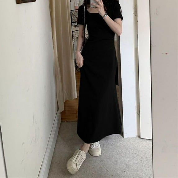 Taylonsss Womens Square Neck Short Sleeve Ruffle Waist Tie Flowy Maxi Dress French Style Casual