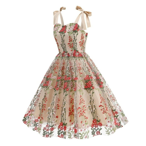 Taylonsss Womens Strapless Embroidered Dress with Fitted Waist, Spaghetti Straps and Layered Mesh Design for Vintage Party or Formal Events