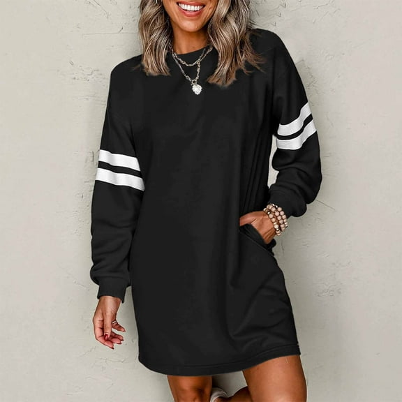 Taylonsss Womens Striped Dress Colorblock Drop Shoulder Long Sleeve Round Neck Pocket Casual Streetwear Pullover Hoodie Dress