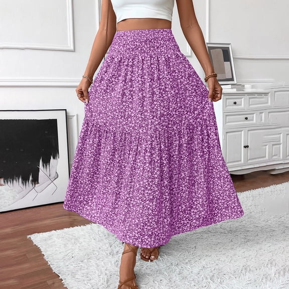 Taylonsss Womens Summer Casual Floral Print Elastic Waist Midi Skirt Boho Style Daily Wear Outdoor Comfortable Outfit