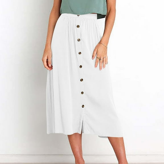 Taylonsss Womens Summer Casual Solid Color Pleated Elastic Waist Button Pocket Midi Skirt with Ruffled Hem for Everyday Comfort and Stylish Outfit