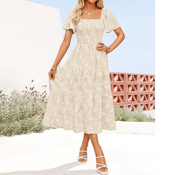 Taylonsss Womens Summer Dress Boho Floral Ruffle Sleeve Square Neck Midi Short Sleeve Beach Vacation Outfit