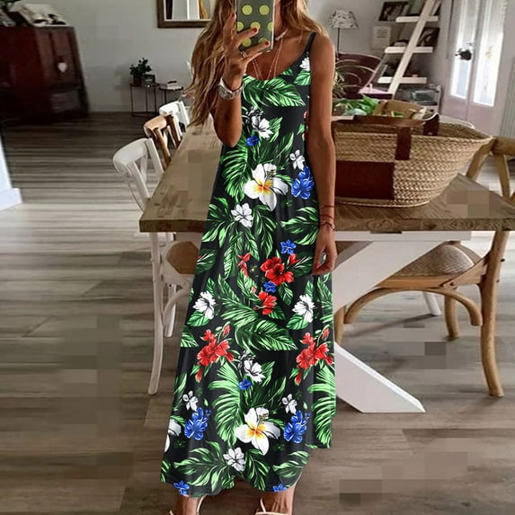 Taylonsss Womens Summer Dress Casual Flowy V-Neck Sleeveless Strap Floral Print A-Line Vacation Beach Maxi Dress