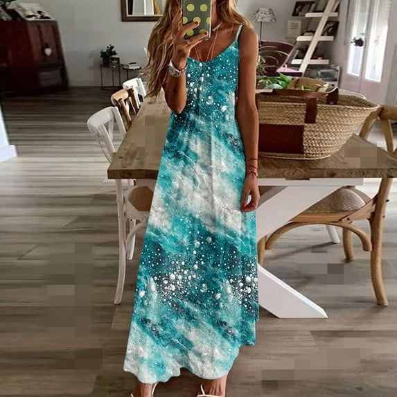 Taylonsss Womens Summer Dress Casual Print V Neck Sleeveless Spaghetti Strap Flowy Beach Vacation Maxi Dresses