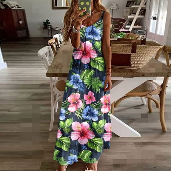 Taylonsss Womens Summer Dress Casual Print V Neck Sleeveless Spaghetti Strap Flowy Beach Vacation Maxi Dresses