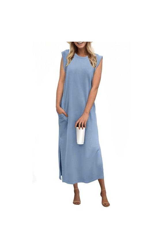 Womens Summer Dress Casual Round Neck Loose Sleeveless Long Slit Pocket Stylish Design Modern Beachwear