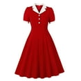 thumbnail image 1 of Taylonsss Womens Summer Dress Contrast Color Collar Button Front Waist Cinching Flared Hem Short Sleeve Solid Color Retro Elegant Knee-Length V Neck Casual Outfit, 1 of 5