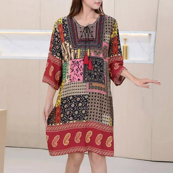 Taylonsss Womens Summer Dress Ethnic Round Neck Short/Three-Quarter Sleeve Cotton Poplin Print Boho Casual Maxi Dress