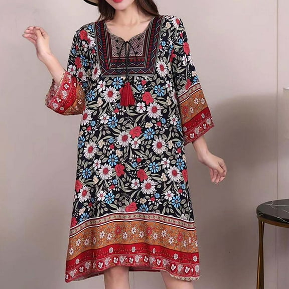 Taylonsss Womens Summer Dress Ethnic Round Neck Short/Three-Quarter Sleeve Cotton Poplin Print Boho Casual Maxi Dress