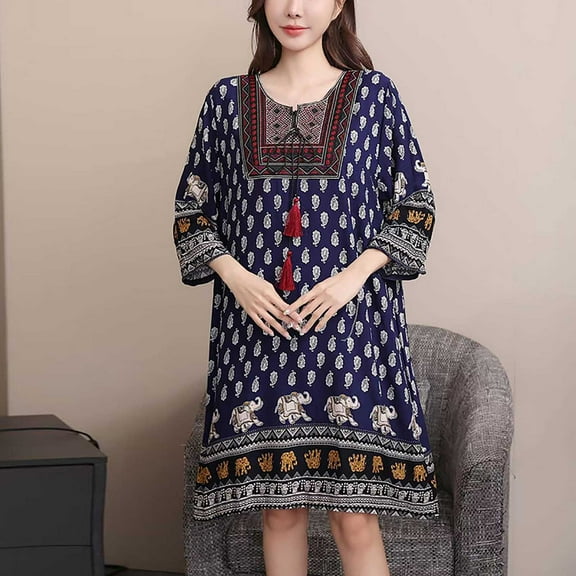 Taylonsss Womens Summer Dress Ethnic Round Neck Short/Three-Quarter Sleeve Cotton Poplin Print Boho Casual Maxi Dress