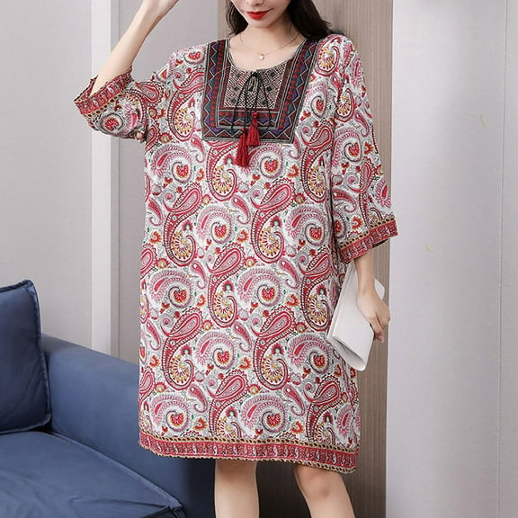 Taylonsss Womens Summer Dress Ethnic Round Neck Short/Three-Quarter Sleeve Cotton Poplin Print Boho Casual Maxi Dress