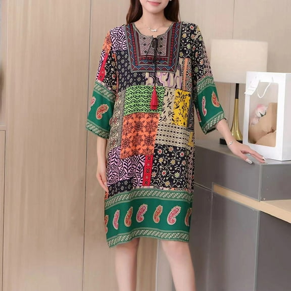 Taylonsss Womens Summer Dress Ethnic Round Neck Short/Three-Quarter Sleeve Cotton Poplin Print Boho Casual Maxi Dress