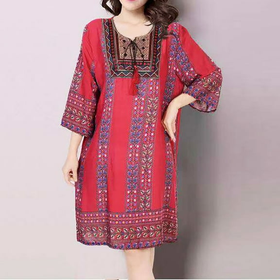 Taylonsss Womens Summer Dress Ethnic Round Neck Short/Three-Quarter Sleeve Cotton Poplin Print Boho Casual Maxi Dress